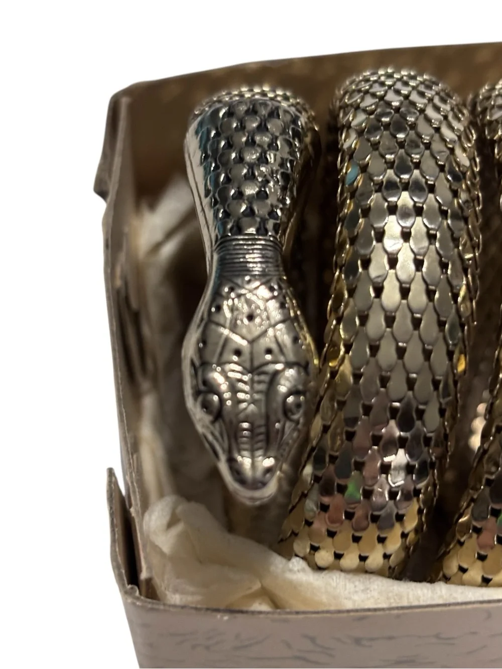 Vintage Whiting & Davis Egyptian Gold Tone Snake Triple Coil Mesh Wrap Bracelet